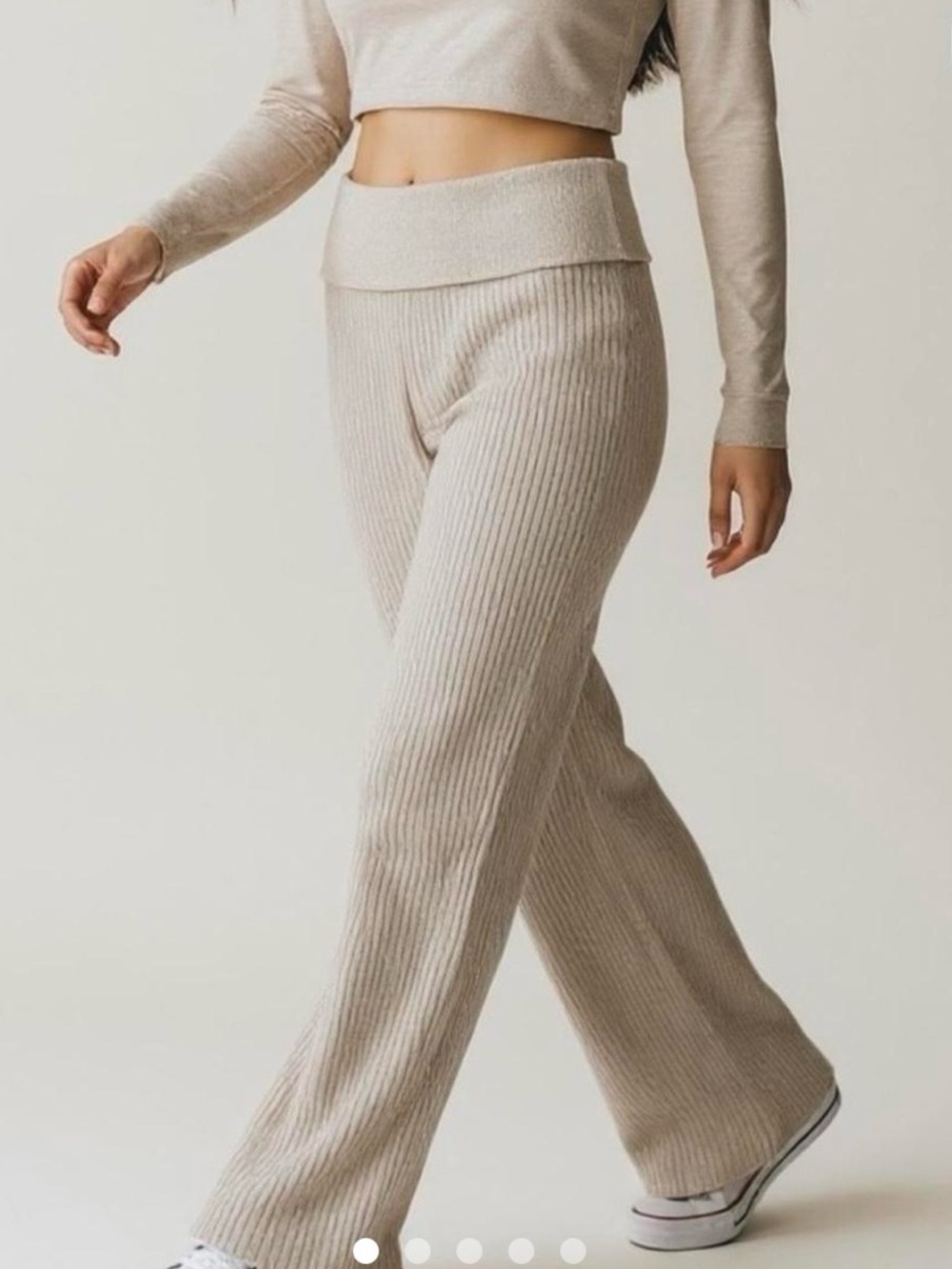 aerie Ribbed Wide-Leg Knit Pants in Light Beige